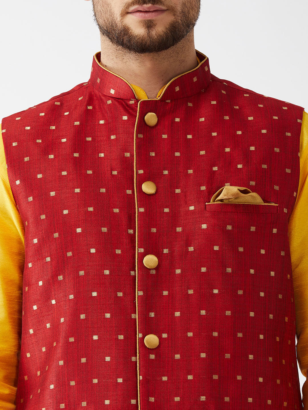 Men's Yellow And Maroon Silk Blend Jacket, Kurta and Dhoti Set