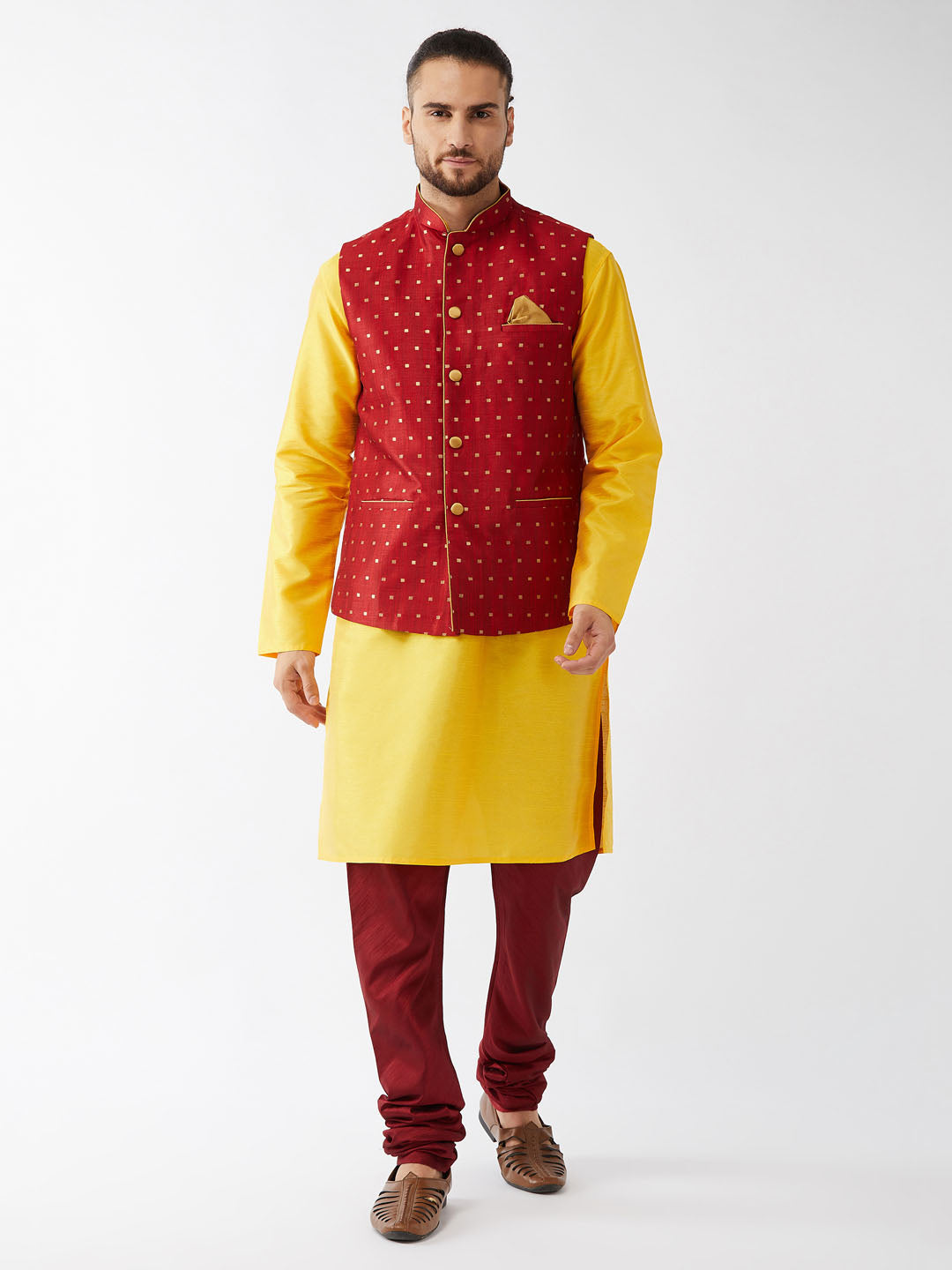 Men's Yellow And Maroon Silk Blend Jacket, Kurta and Pyjama Set