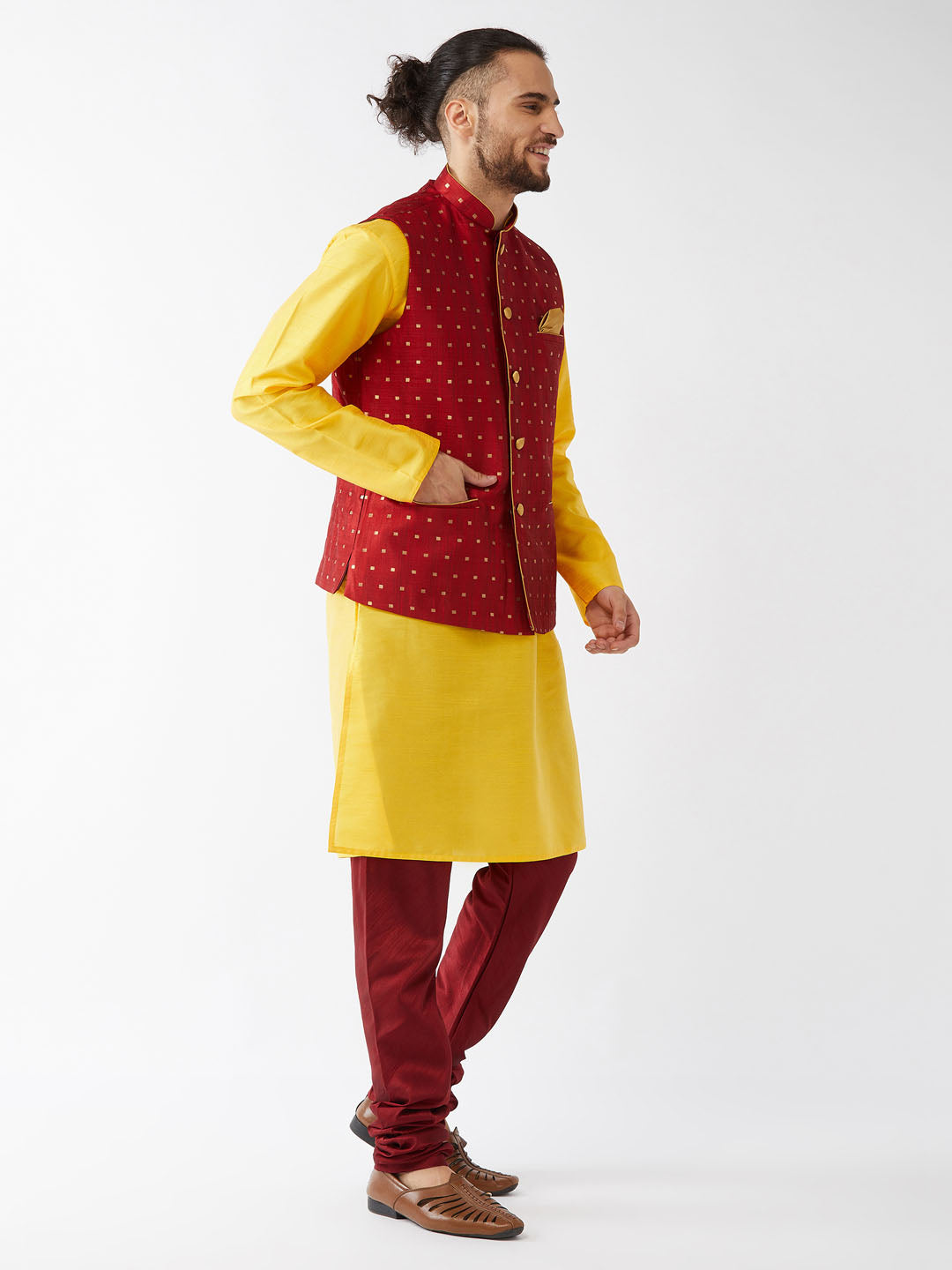 Men's Yellow And Maroon Silk Blend Jacket, Kurta and Pyjama Set