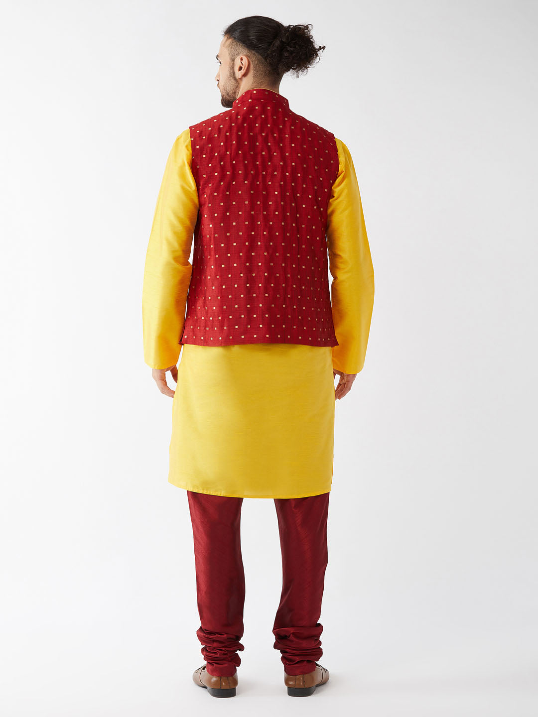 Men's Yellow And Maroon Silk Blend Jacket, Kurta and Pyjama Set