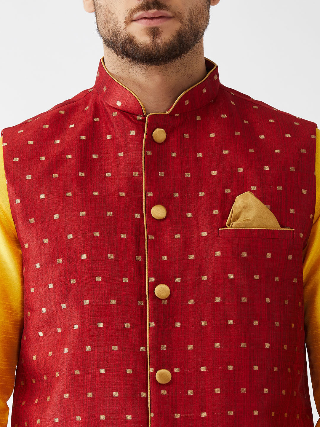 Men's Yellow And Maroon Silk Blend Jacket, Kurta and Pyjama Set