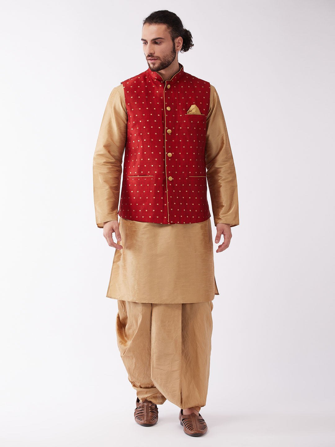 Men's Rose Gold And Maroon Silk Blend Jacket, Kurta and Dhoti Set