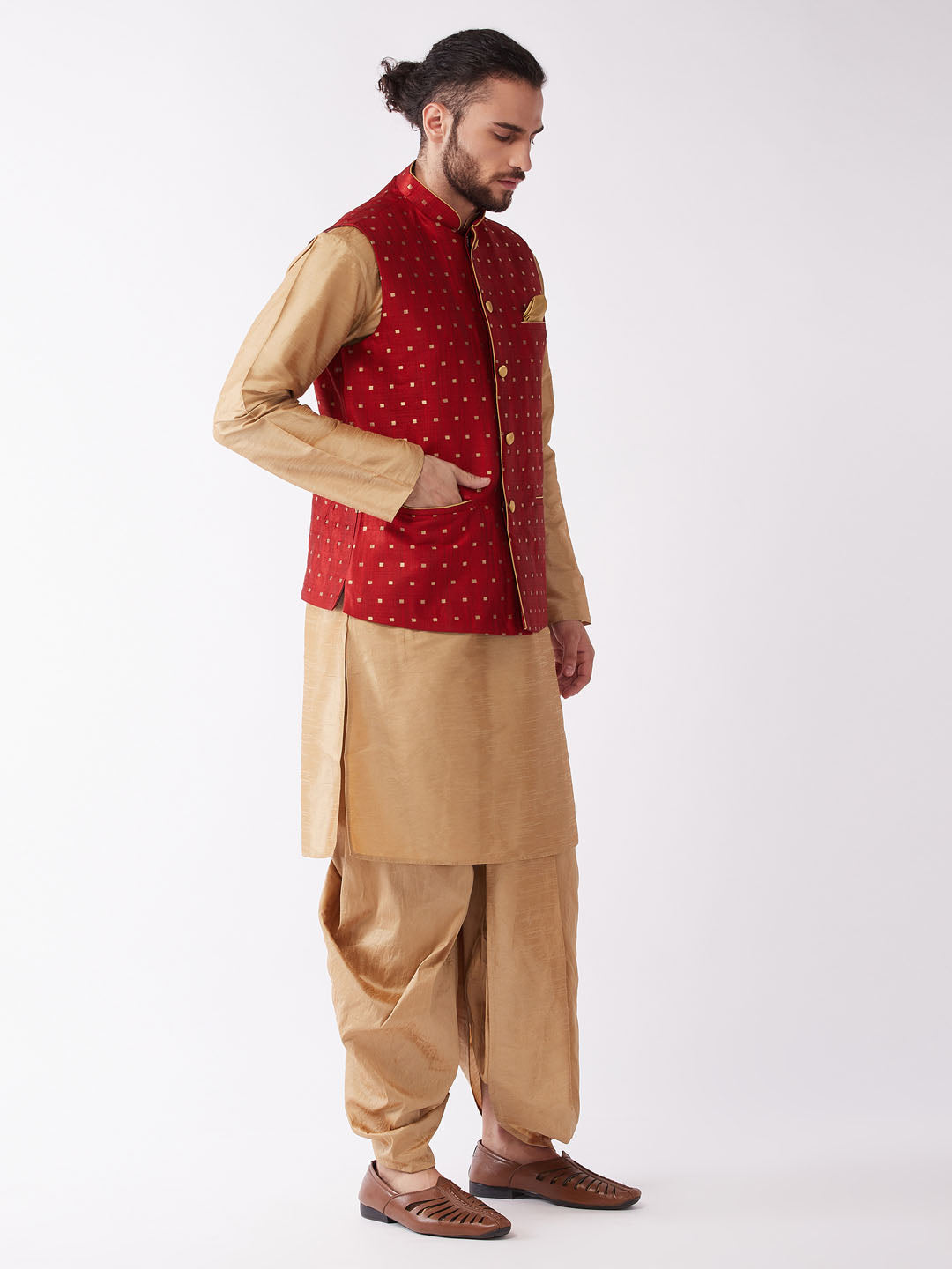 Men's Rose Gold And Maroon Silk Blend Jacket, Kurta and Dhoti Set