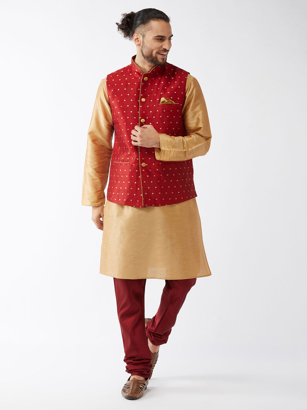 Men's Rose Gold And Maroon Silk Blend Jacket, Kurta and Pyjama Set