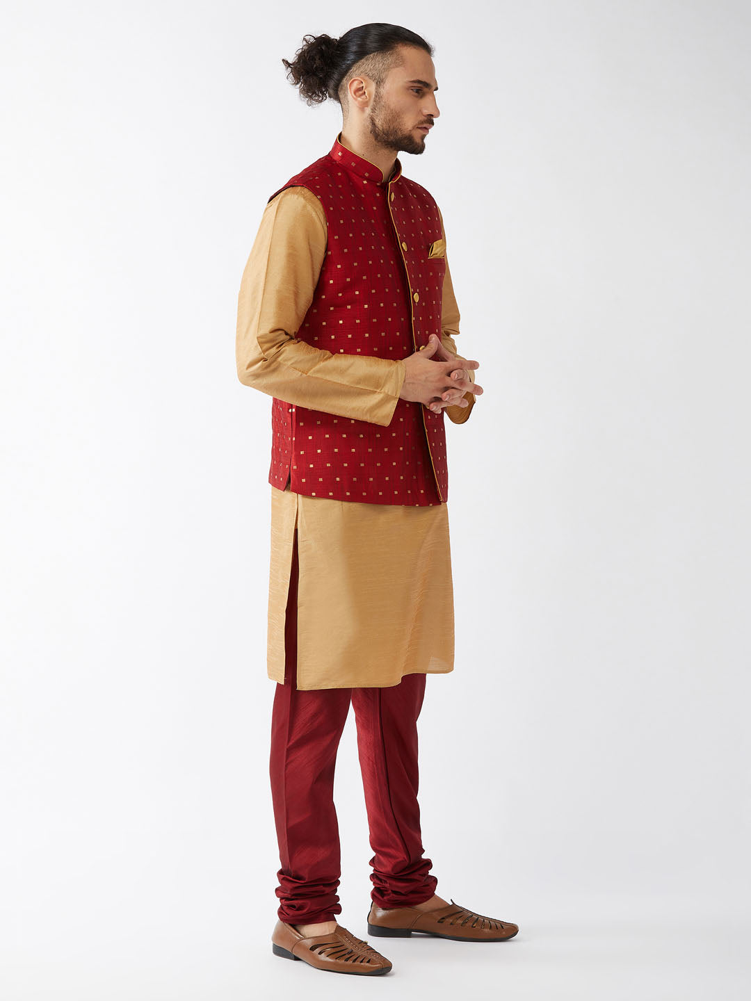 Men's Rose Gold And Maroon Silk Blend Jacket, Kurta and Pyjama Set