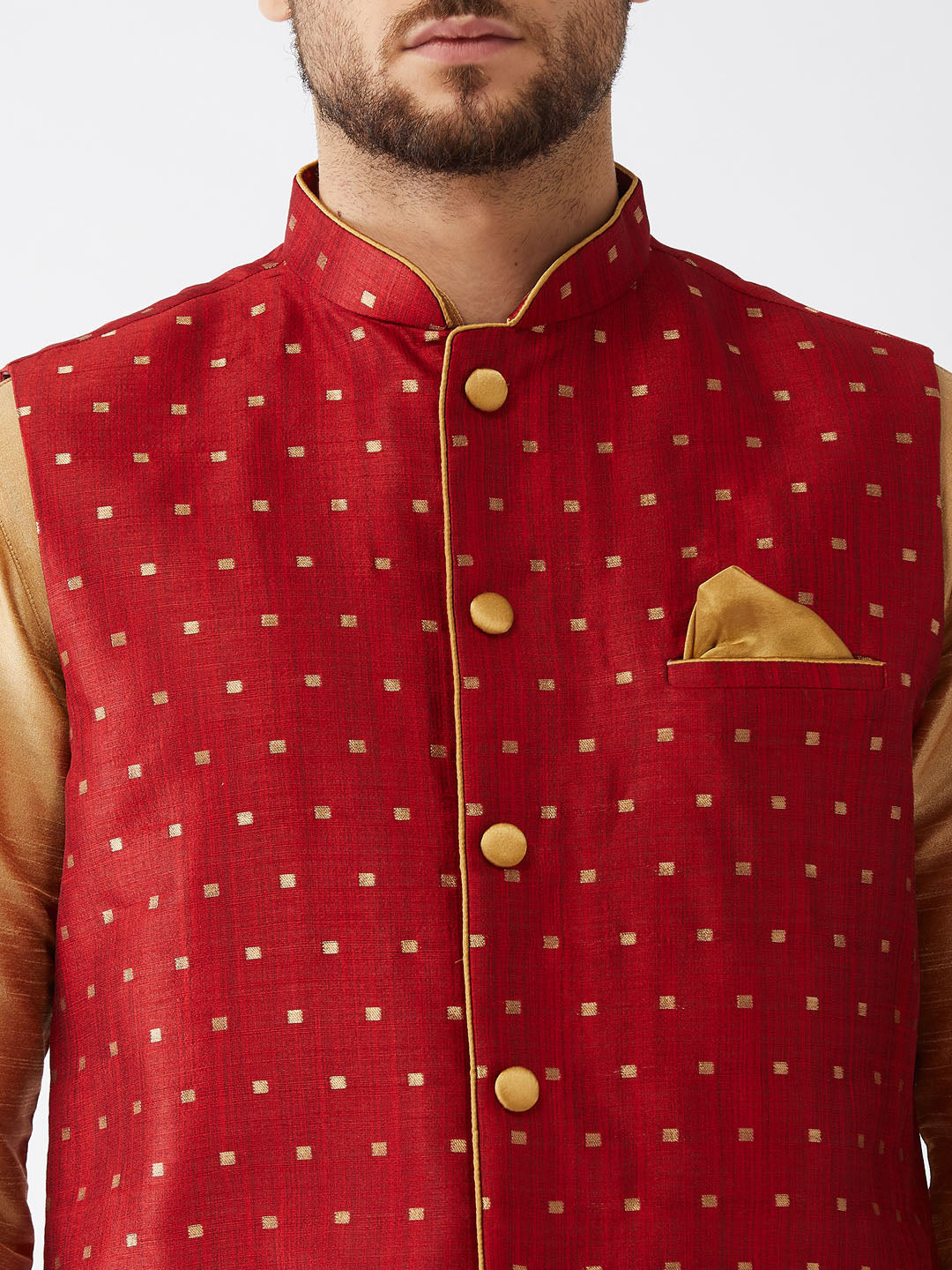 Men's Rose Gold And Maroon Silk Blend Jacket, Kurta and Pyjama Set