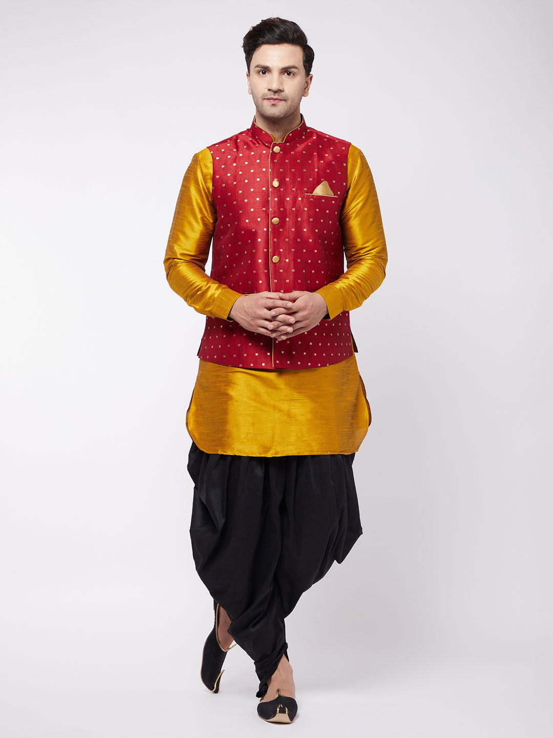 Men's Mustard, Maroon And Black Silk Blend Jacket, Kurta and Dhoti Set