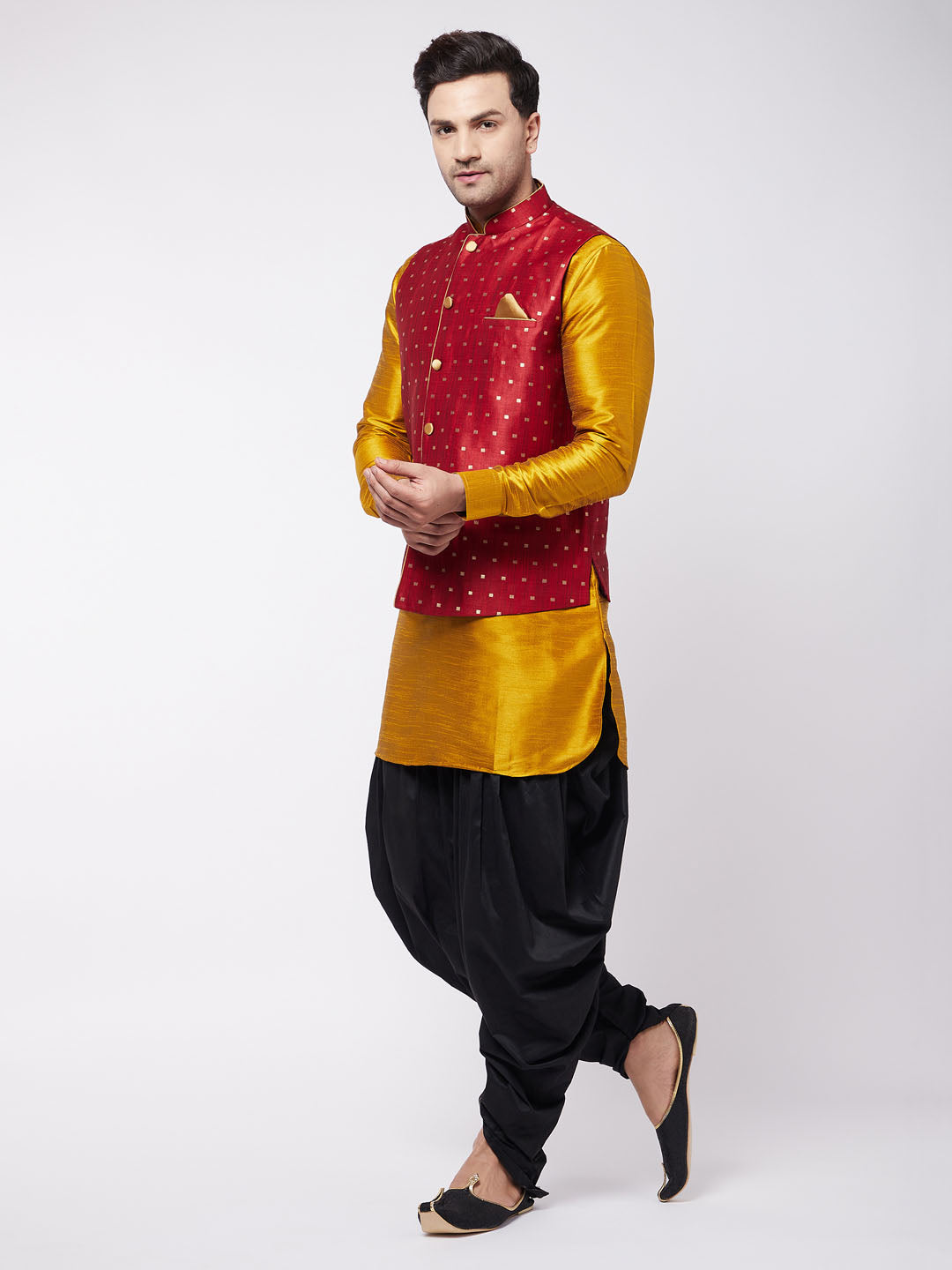 Men's Mustard, Maroon And Black Silk Blend Jacket, Kurta and Dhoti Set