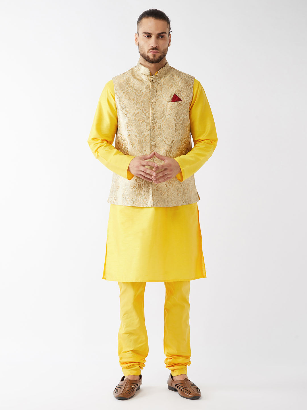 Men's Rose Gold And Yellow Silk Blend Jacket, Kurta and Pyjama Set