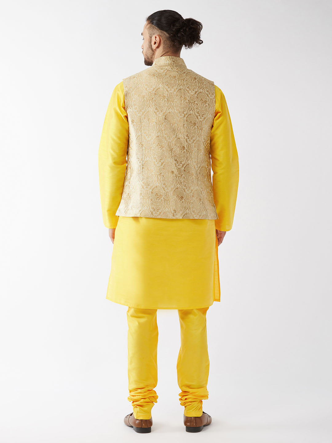 Men's Rose Gold And Yellow Silk Blend Jacket, Kurta and Pyjama Set