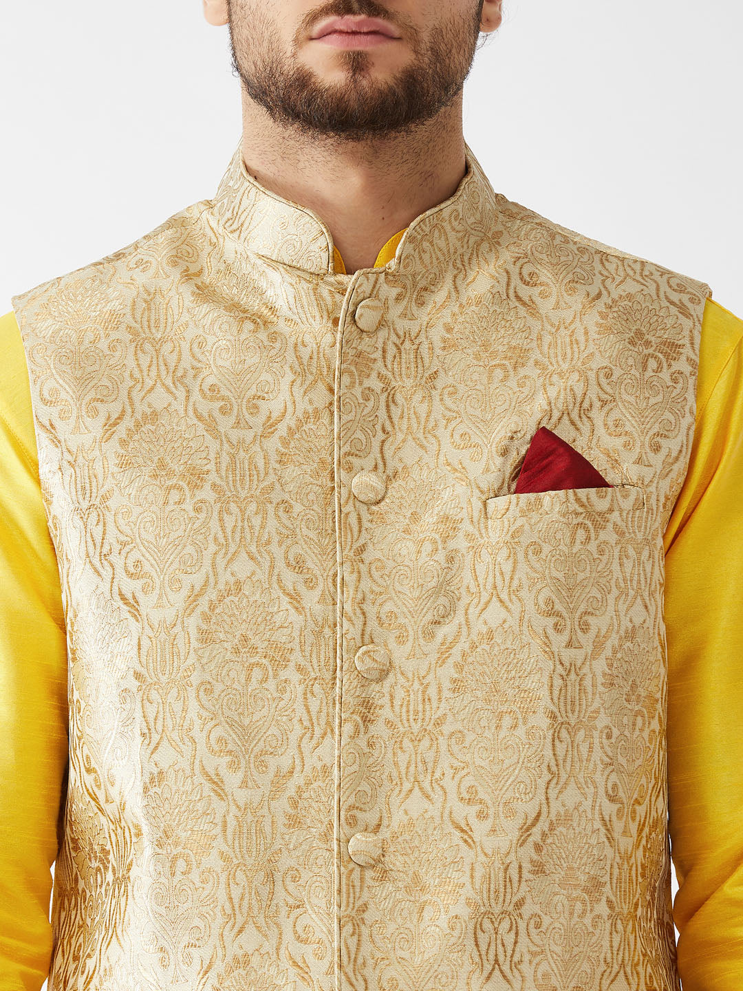 Men's Rose Gold And Yellow Silk Blend Jacket, Kurta and Pyjama Set