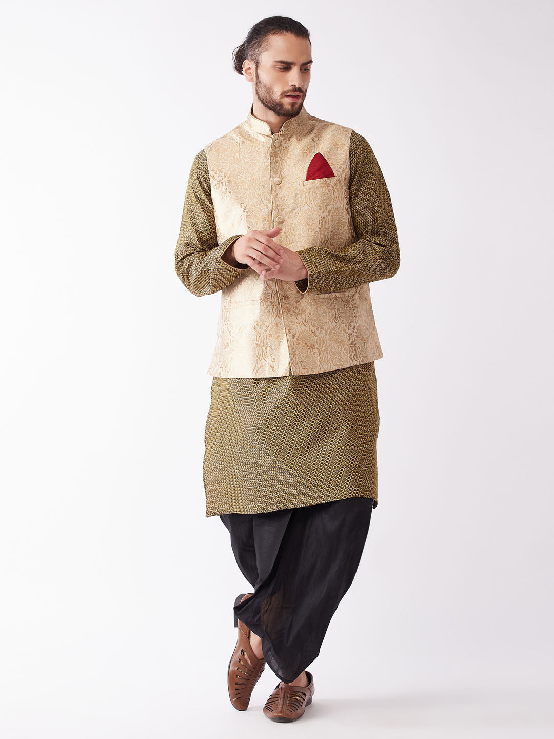 Men's Gold And Black Silk Blend Jacket, Kurta and Dhoti Set