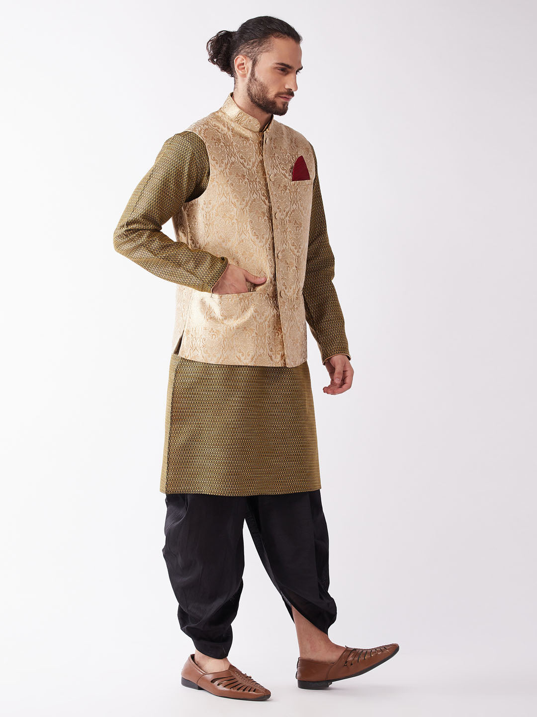 Men's Gold And Black Silk Blend Jacket, Kurta and Dhoti Set