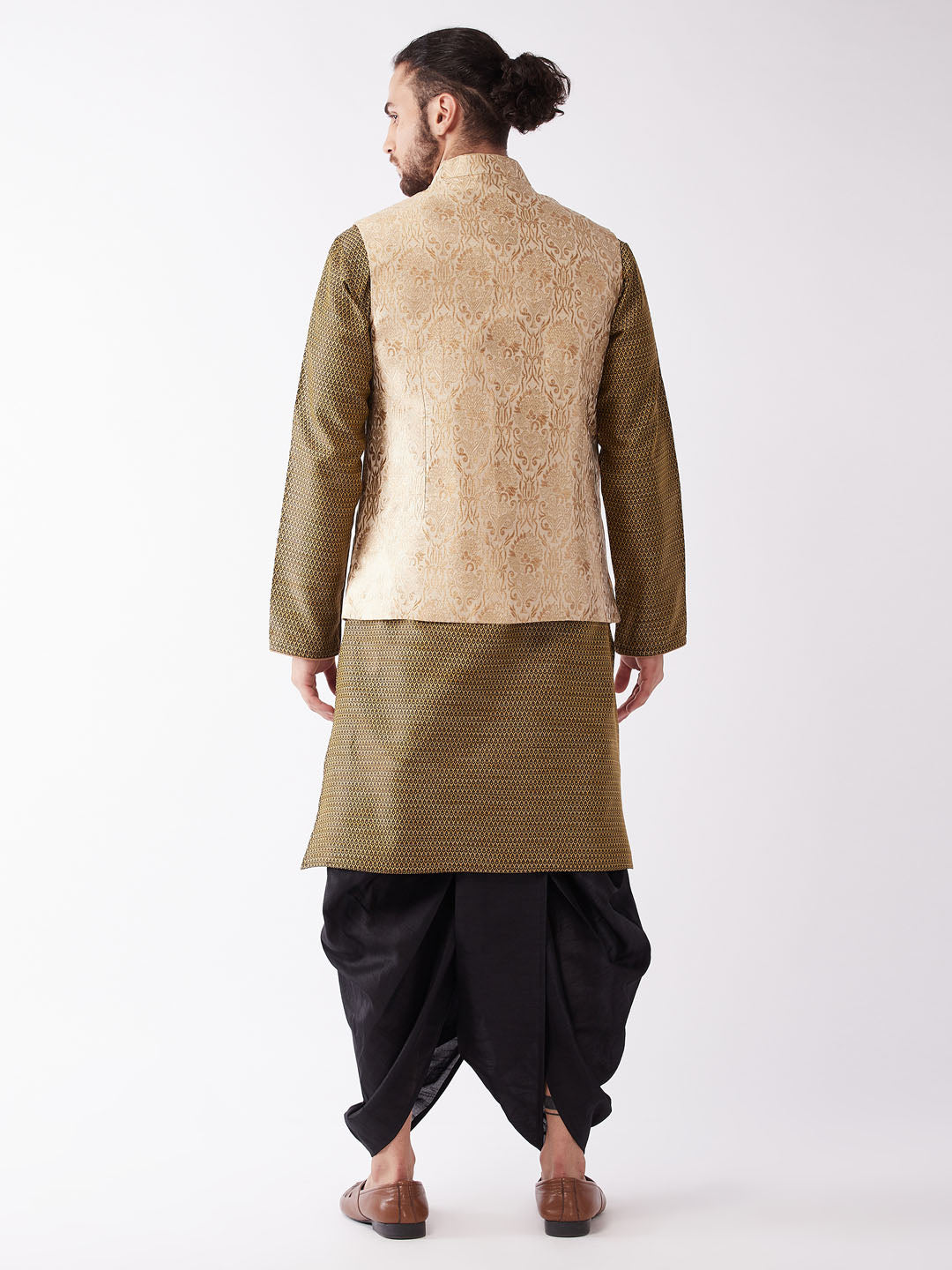 Men's Gold And Black Silk Blend Jacket, Kurta and Dhoti Set