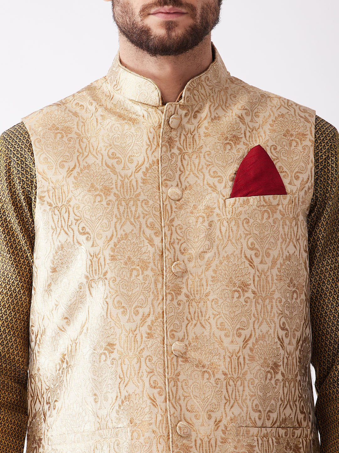 Men's Gold And Black Silk Blend Jacket, Kurta and Dhoti Set