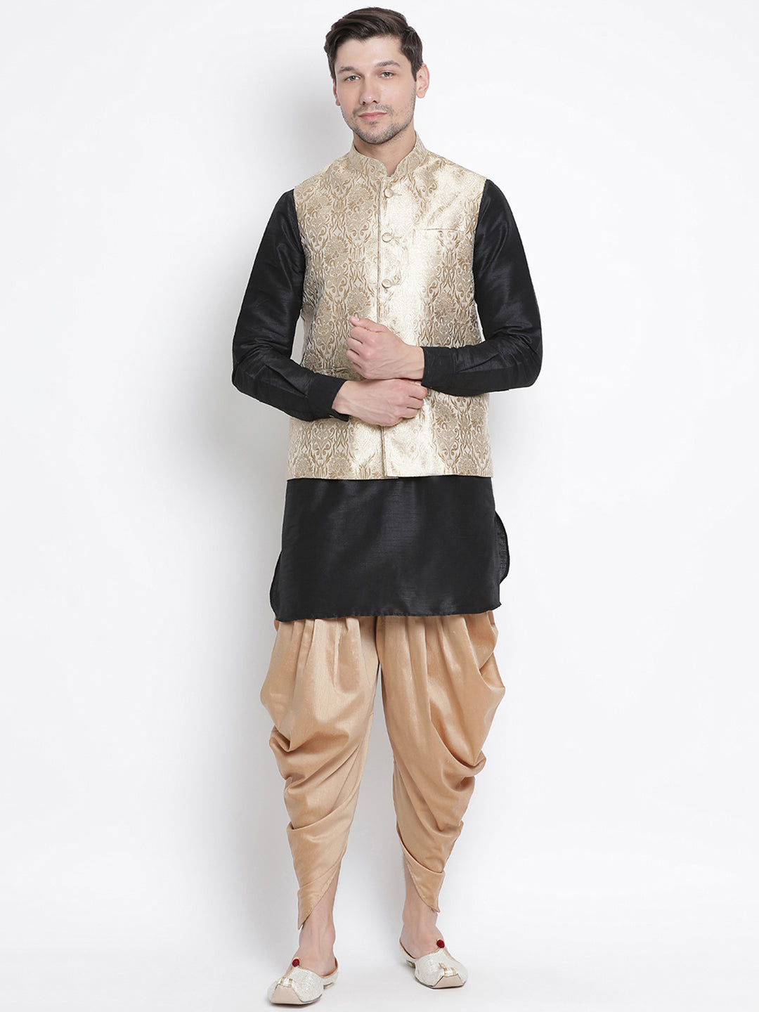 Men's Black Silk Blend Jacket, Kurta and Dhoti Set