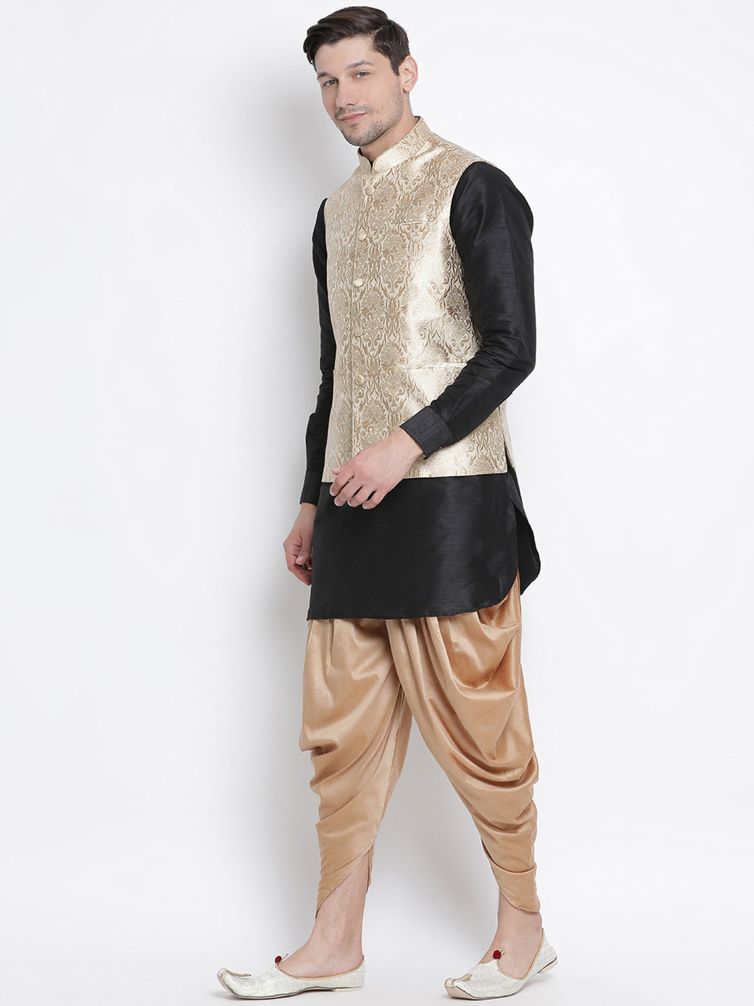 Men's Black Silk Blend Jacket, Kurta and Dhoti Set