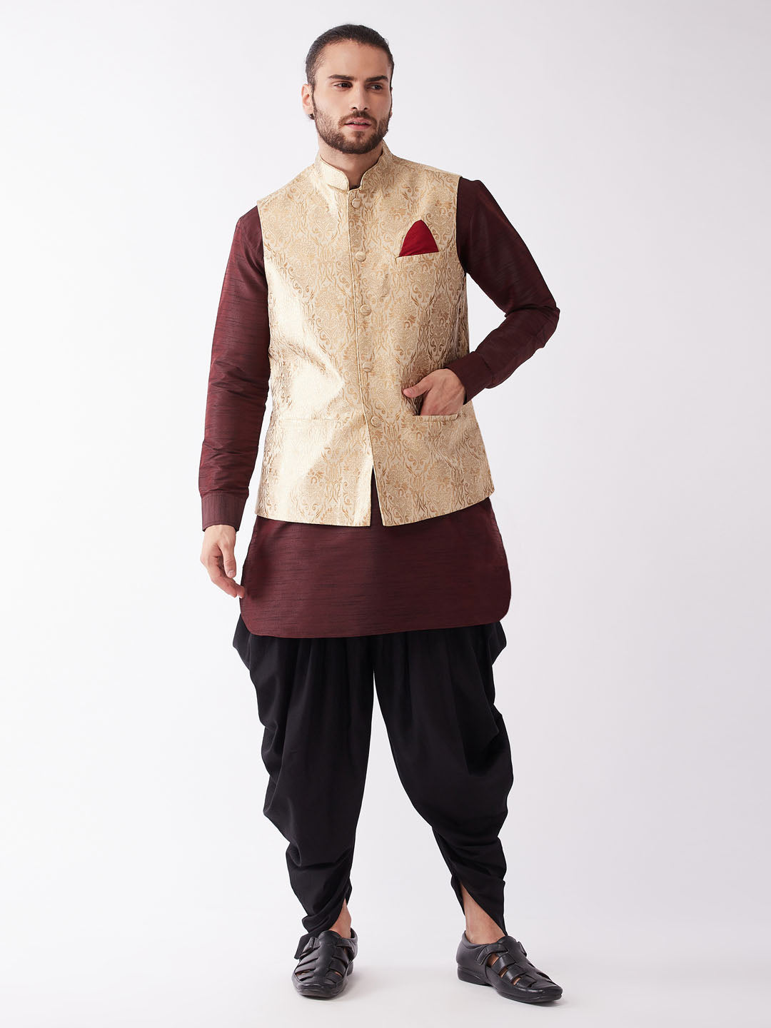 Men's Wine, Rose Gold And Black Silk Blend Jacket, Kurta and Dhoti Set