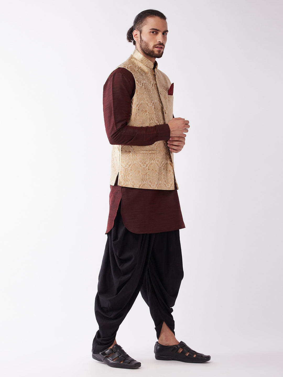 Men's Wine, Rose Gold And Black Silk Blend Jacket, Kurta and Dhoti Set