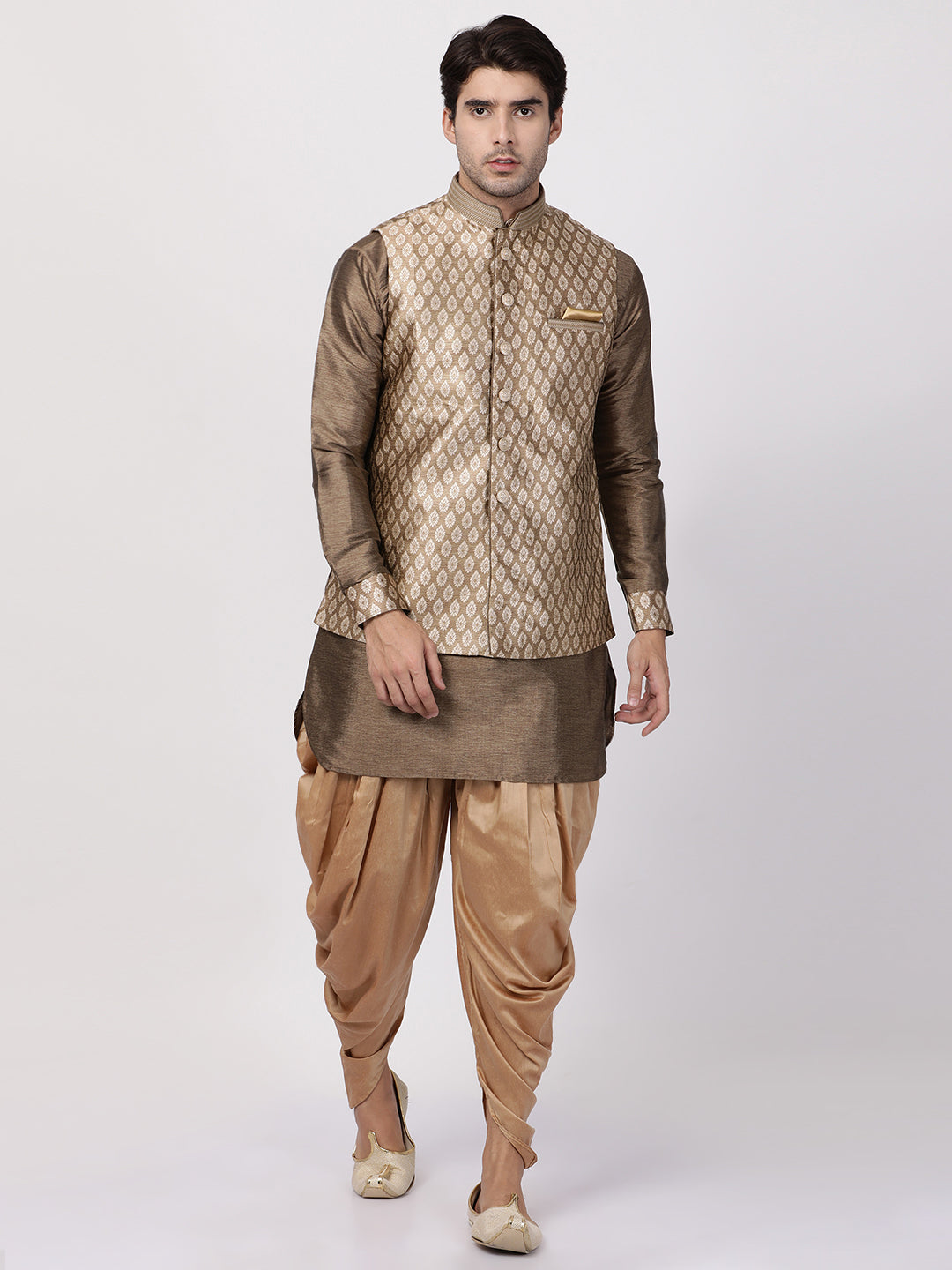 Men's Gold Silk Blend Jacket, Kurta and Dhoti Set