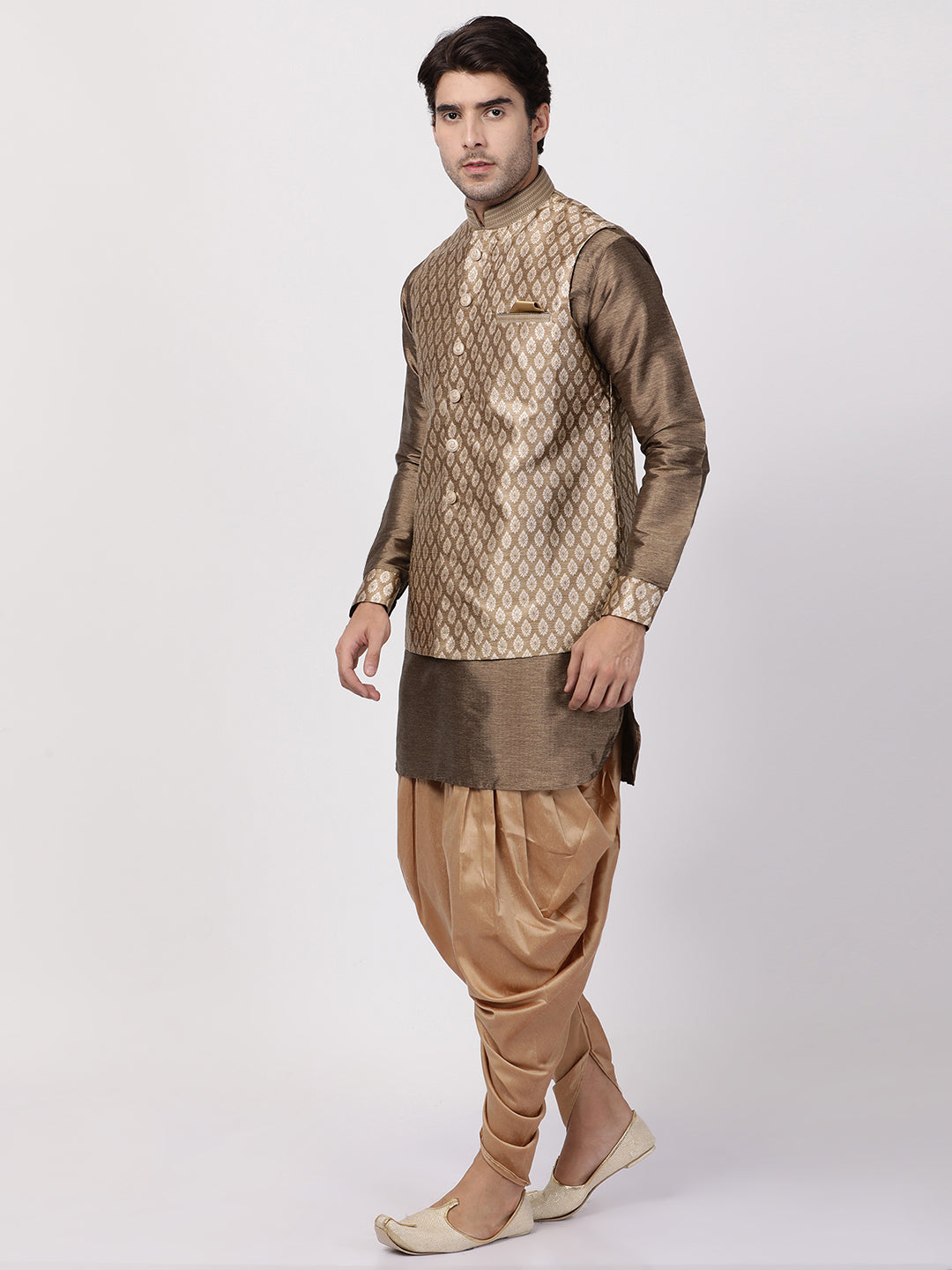 Men's Gold Silk Blend Jacket, Kurta and Dhoti Set