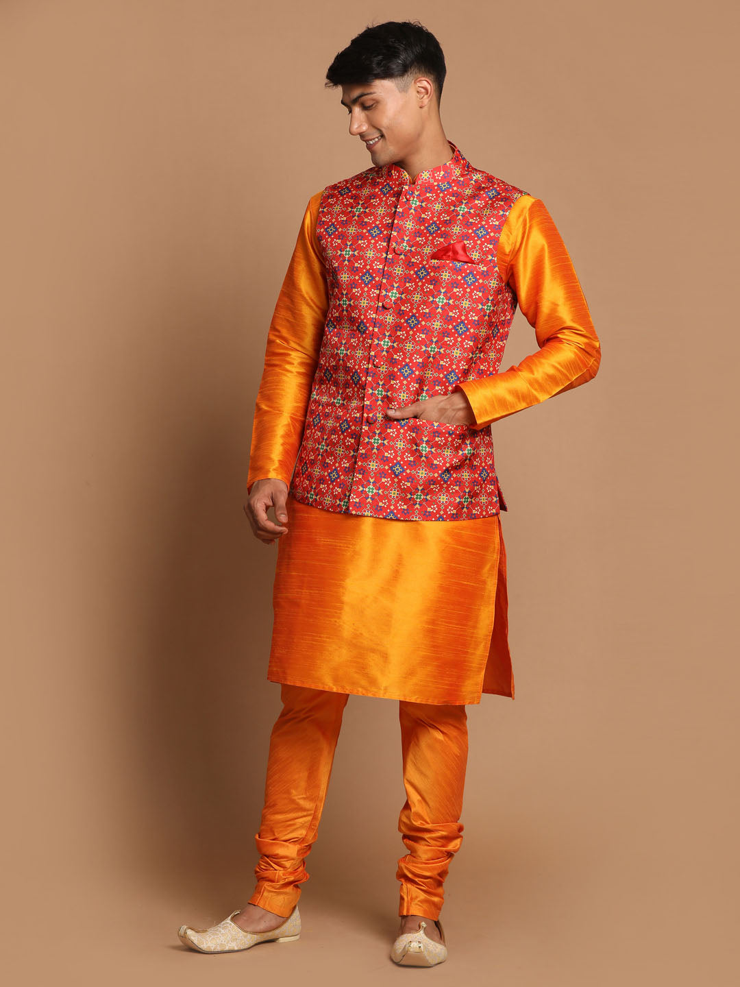 Men's Maroon And Orange Silk Blend Jacket, Kurta and Pyjama Set