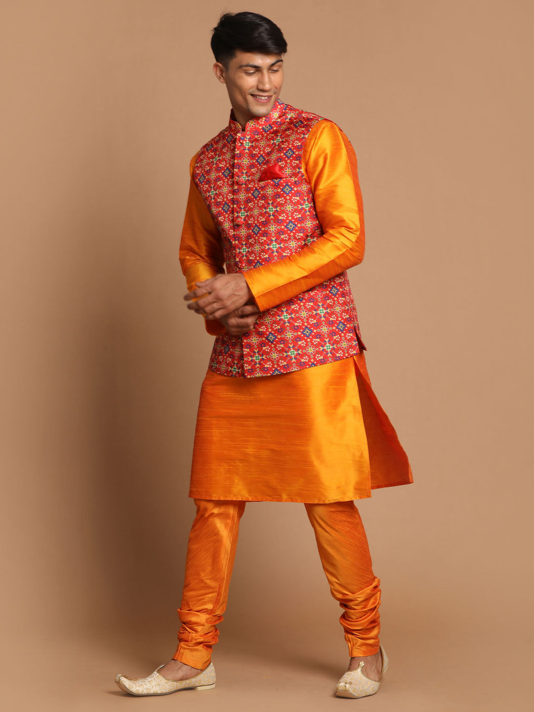 Men's Maroon And Orange Silk Blend Jacket, Kurta and Pyjama Set