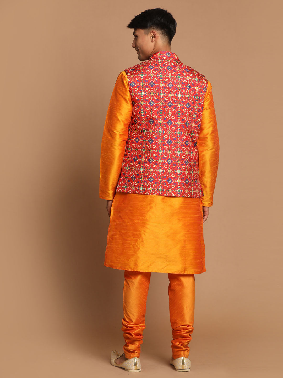 Men's Maroon And Orange Silk Blend Jacket, Kurta and Pyjama Set