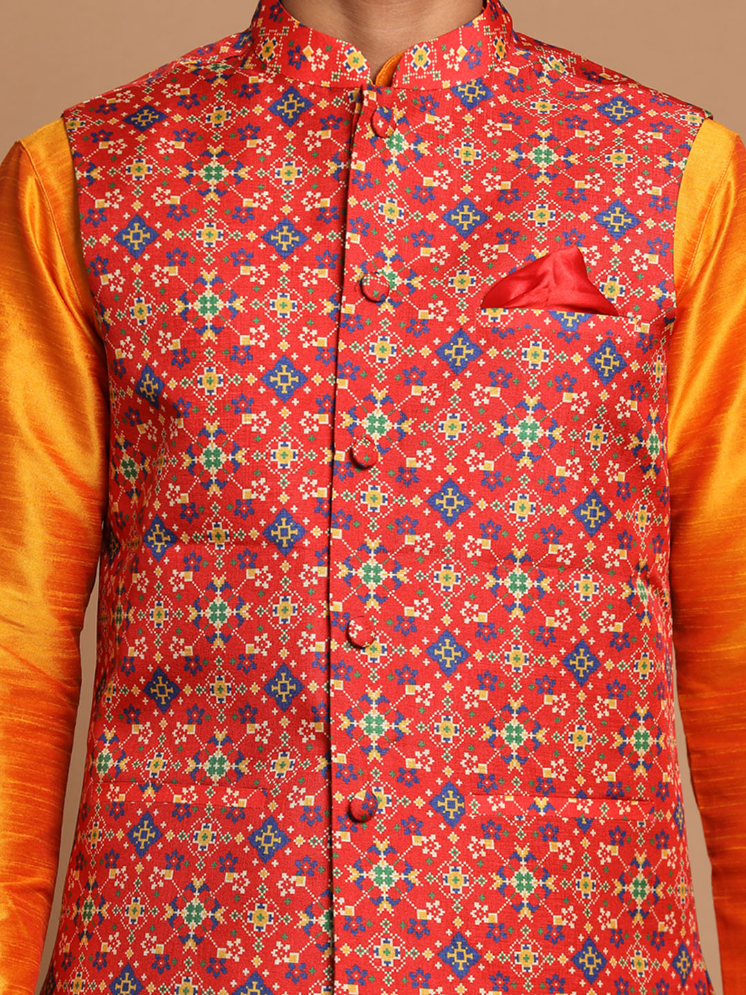 Men's Maroon And Orange Silk Blend Jacket, Kurta and Pyjama Set