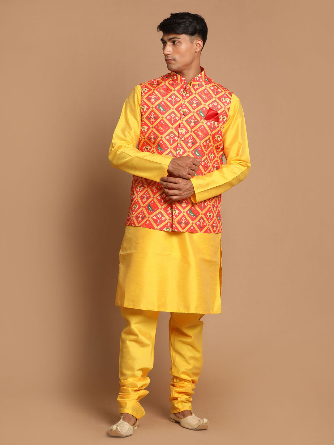 Men's Red And Yellow Silk Blend Jacket, Kurta and Pyjama Set