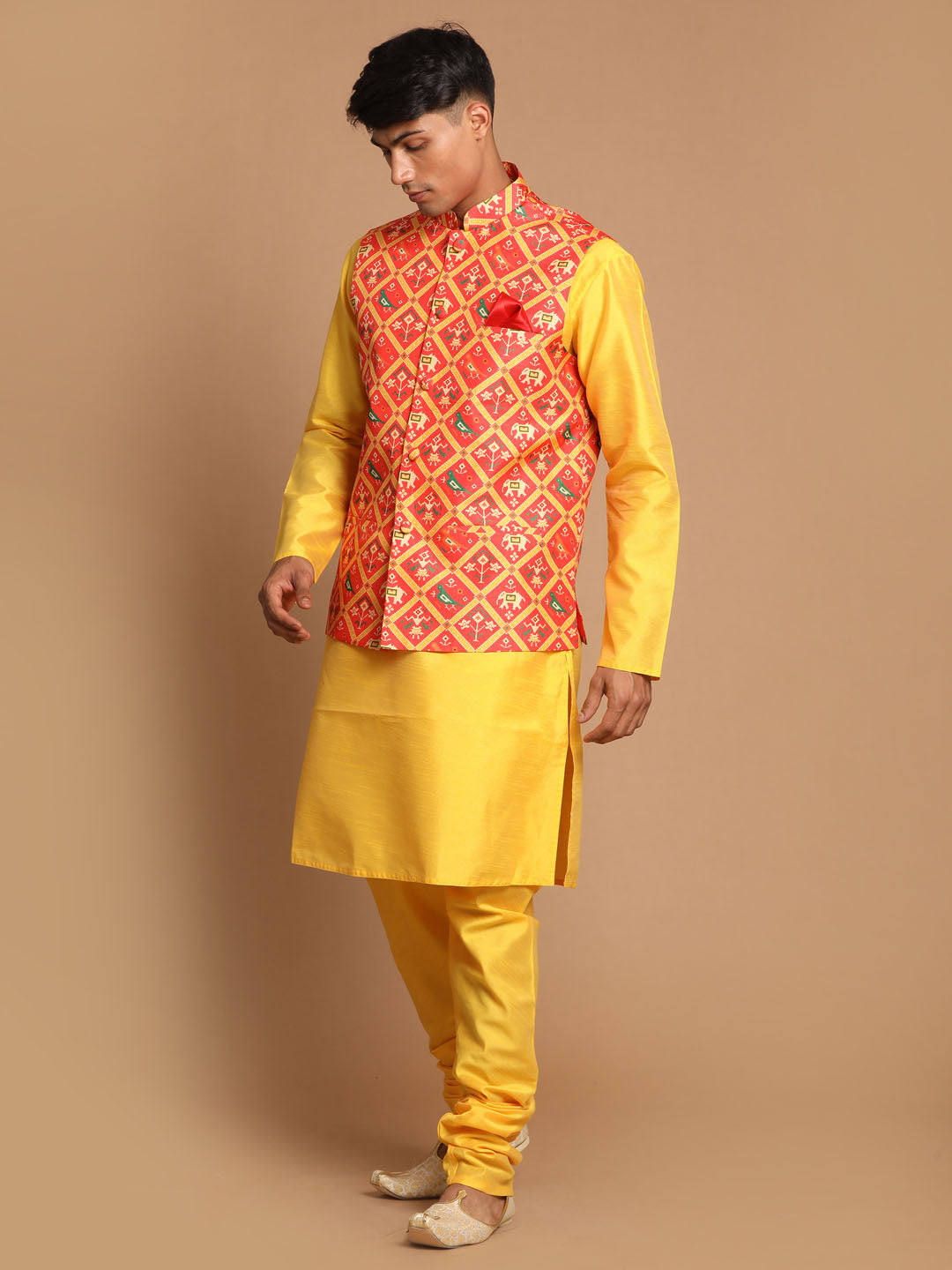 Men's Red And Yellow Silk Blend Jacket, Kurta and Pyjama Set