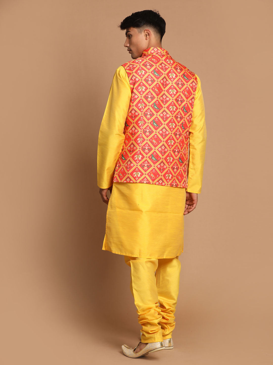 Men's Red And Yellow Silk Blend Jacket, Kurta and Pyjama Set