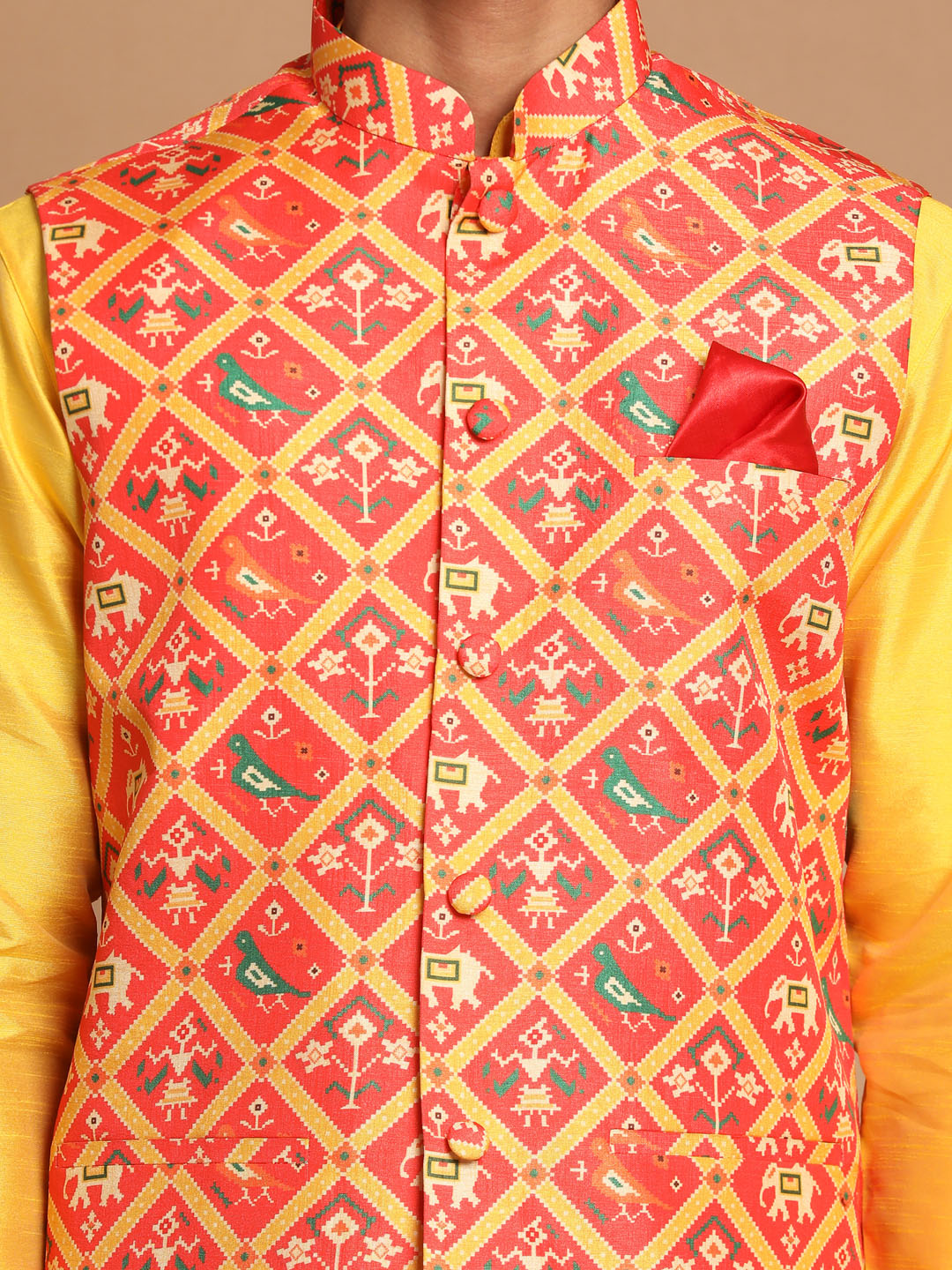 Men's Red And Yellow Silk Blend Jacket, Kurta and Pyjama Set