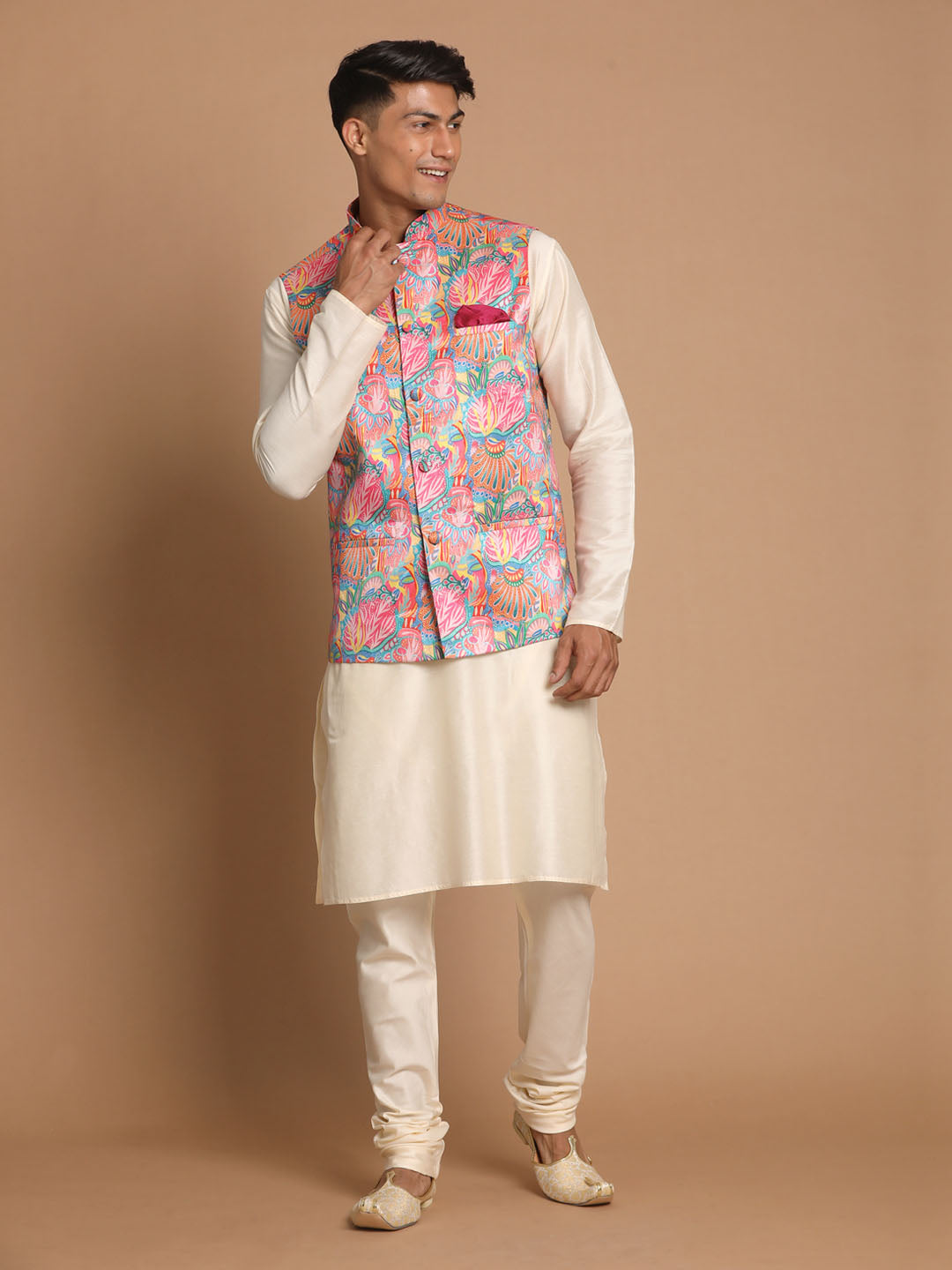 Men's Multicolored Viscose Jacket, Kurta and Pyjama Set