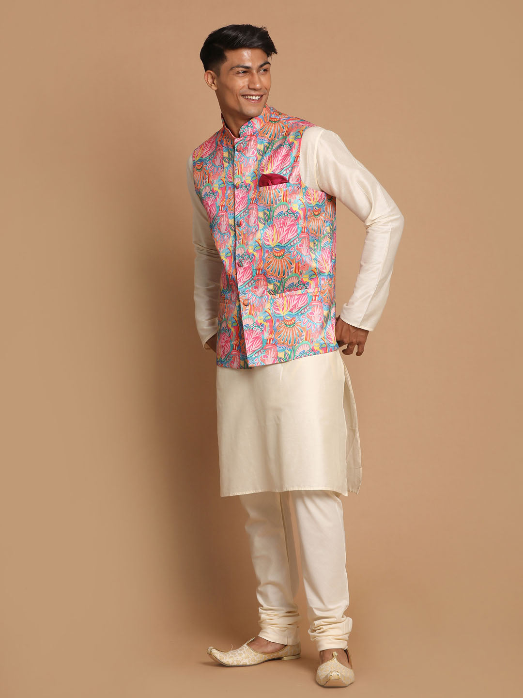 Men's Multicolored Viscose Jacket, Kurta and Pyjama Set