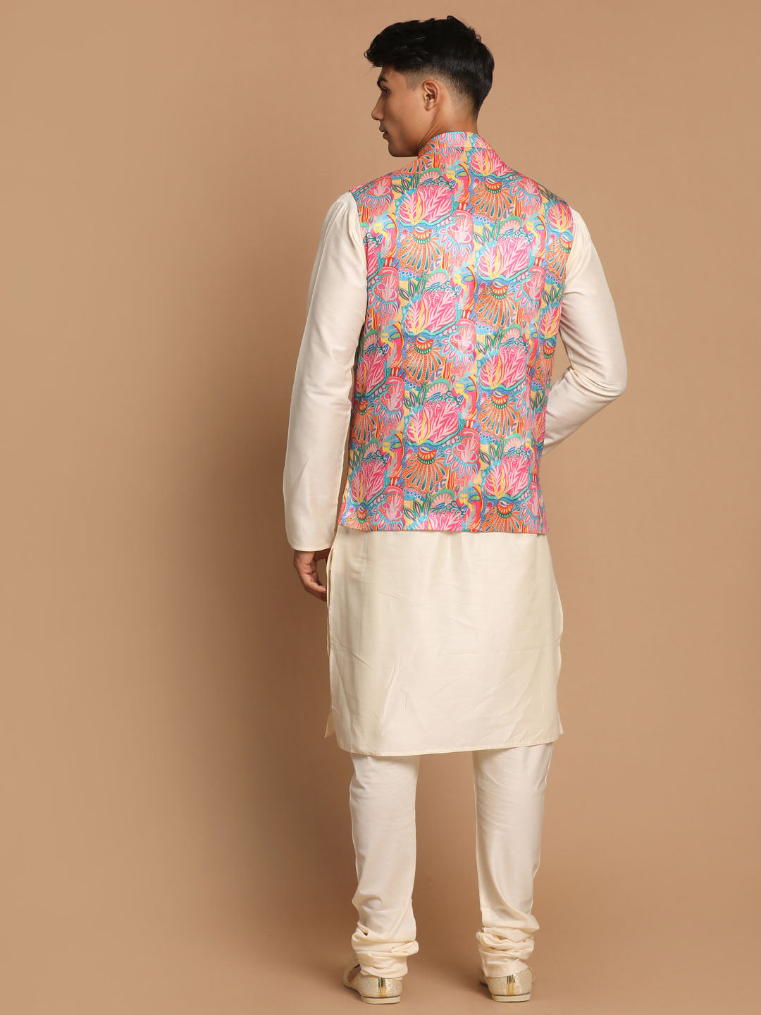 Men's Multicolored Viscose Jacket, Kurta and Pyjama Set