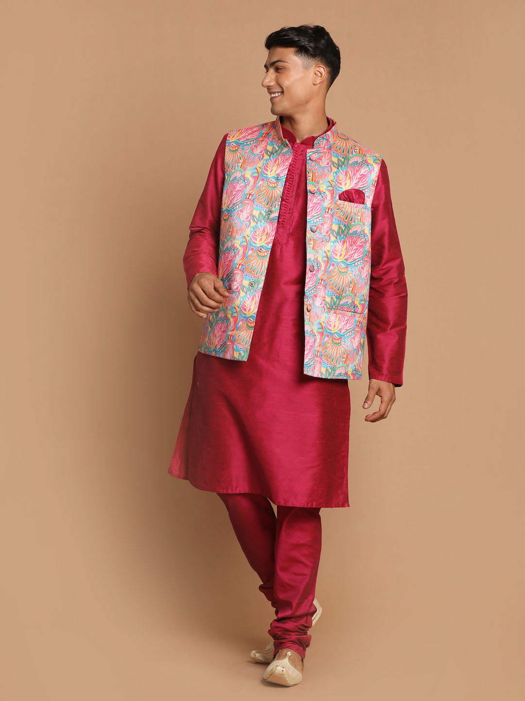 Men's Multicolored Poly viscose Jacket, Kurta and Pyjama Set