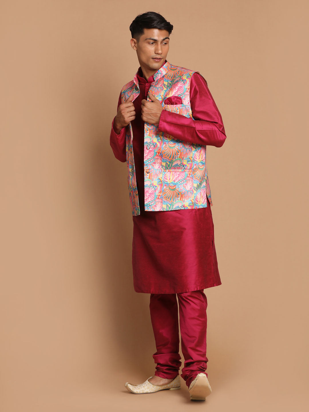 Men's Multicolored Poly viscose Jacket, Kurta and Pyjama Set