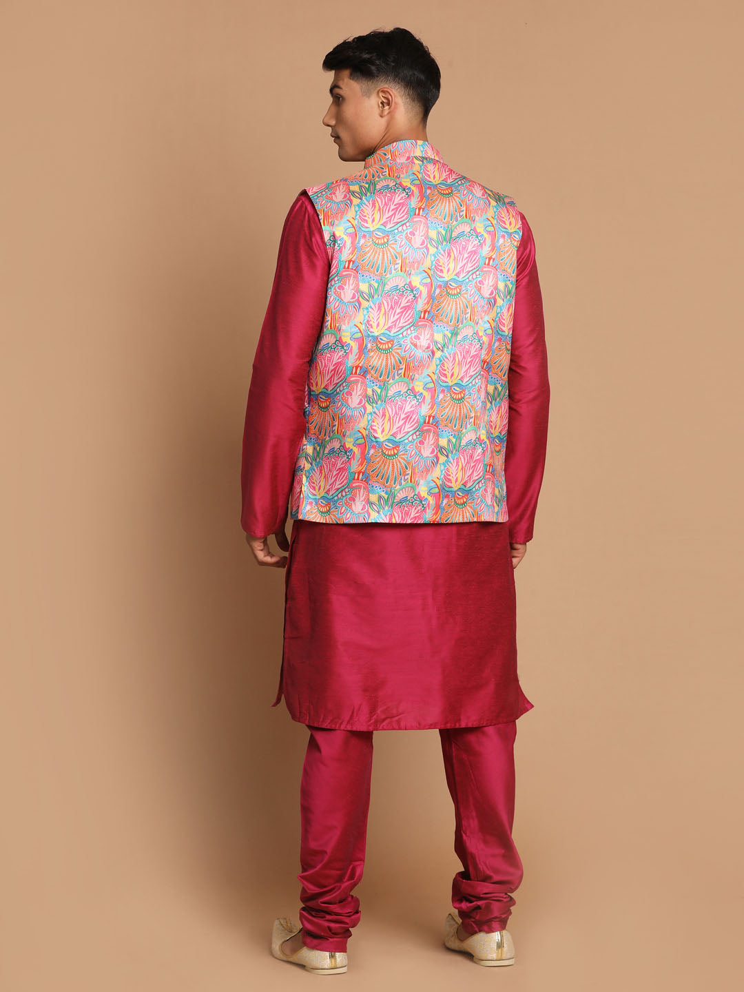 Men's Multicolored Poly viscose Jacket, Kurta and Pyjama Set