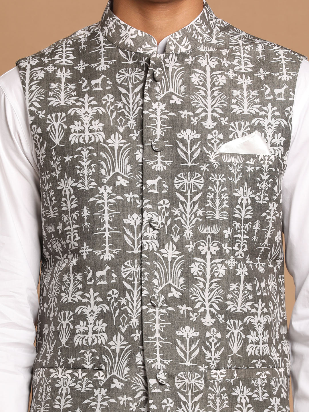 Men's Green And White Pure Cotton Jacket, Kurta and Pyjama Set