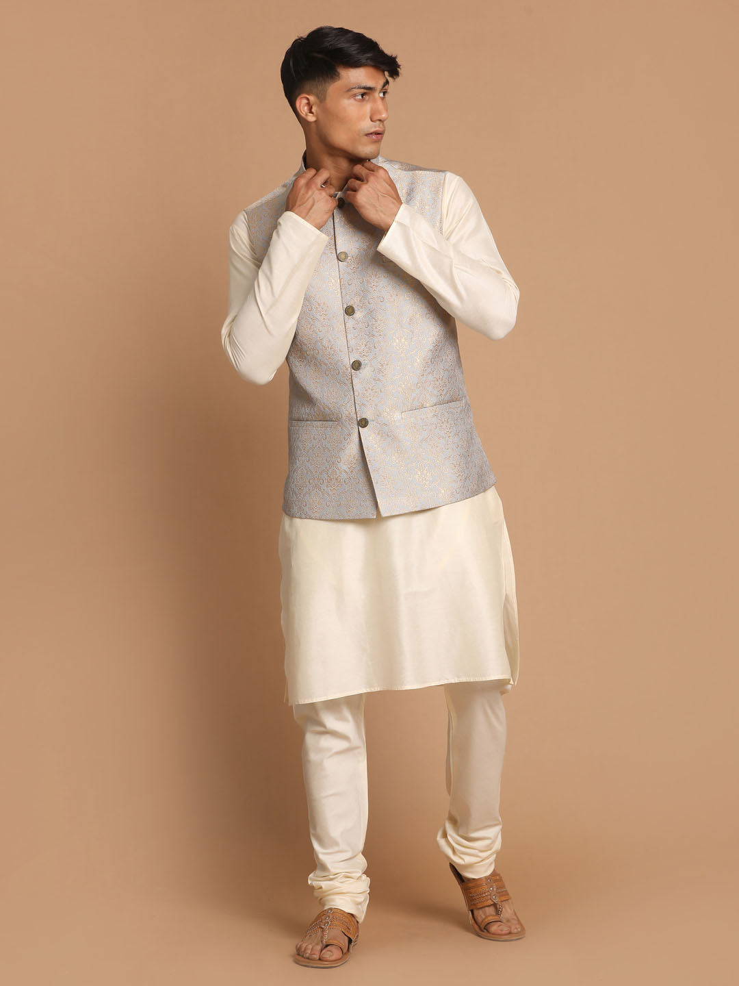 Men's Grey And Cream Viscose Jacket, Kurta and Pyjama Set