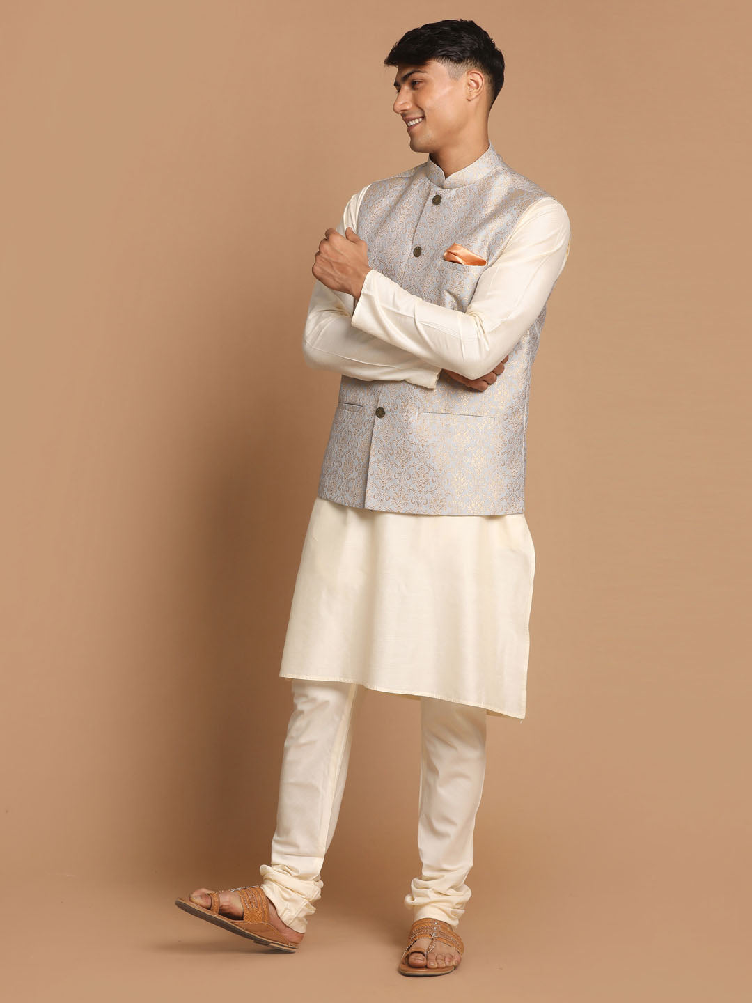 Men's Grey And Cream Viscose Jacket, Kurta and Pyjama Set