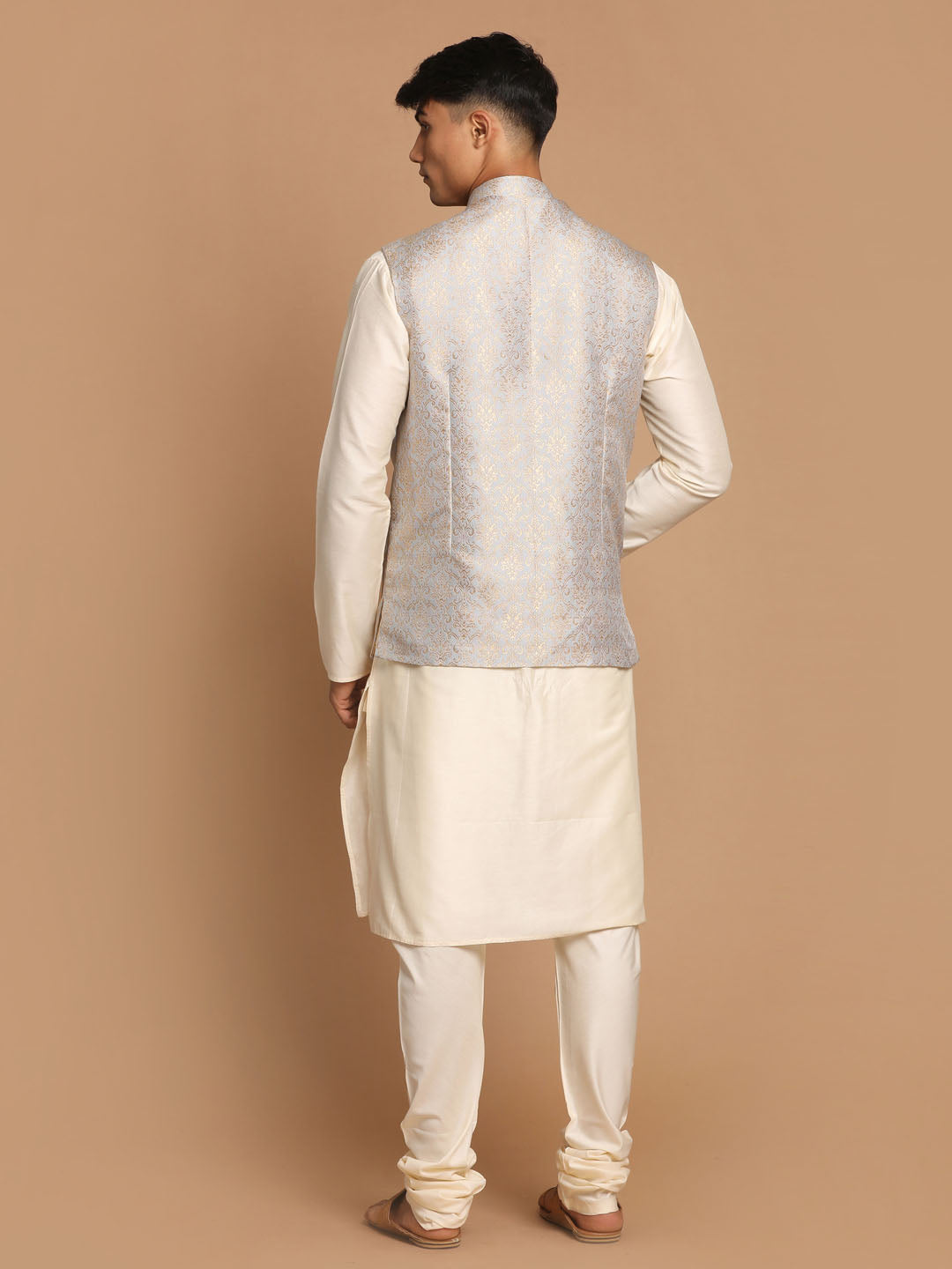 Men's Grey And Cream Viscose Jacket, Kurta and Pyjama Set