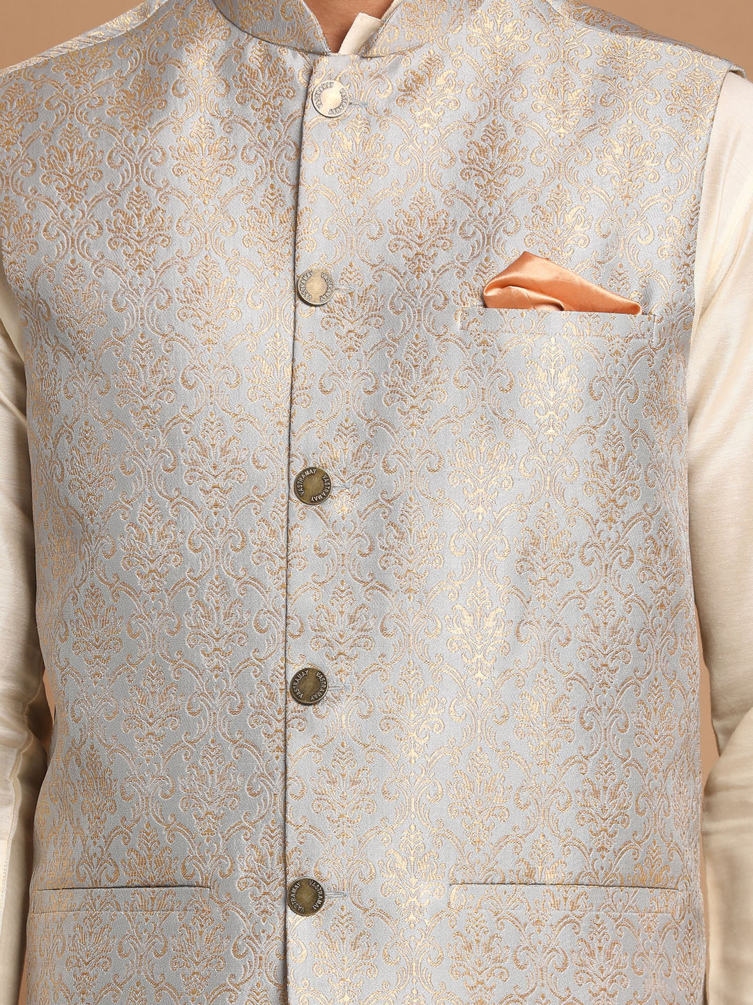 Men's Grey And Cream Viscose Jacket, Kurta and Pyjama Set