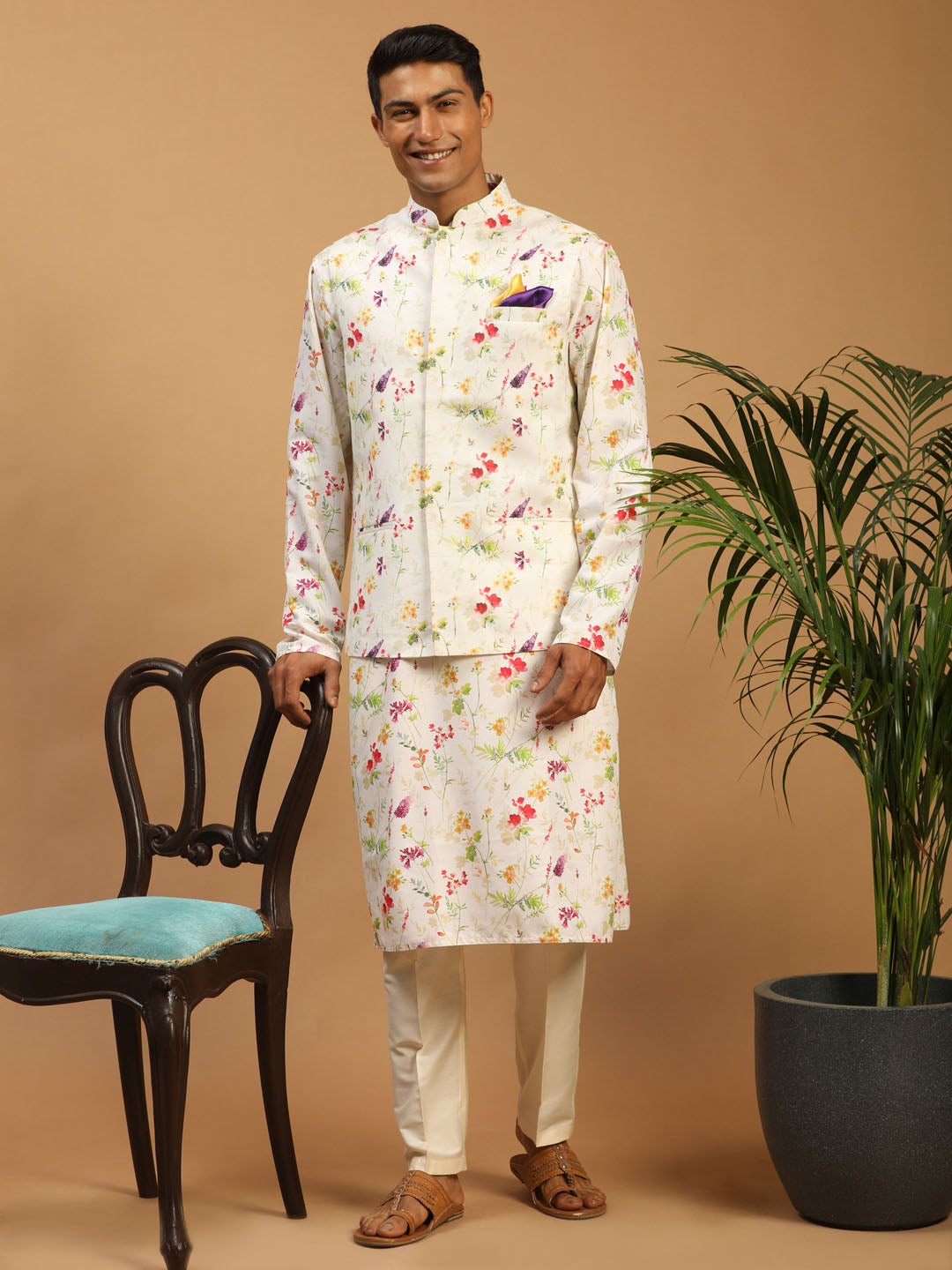 Men's Cream Cotton Blend Jacket, Kurta and Pyjama Set