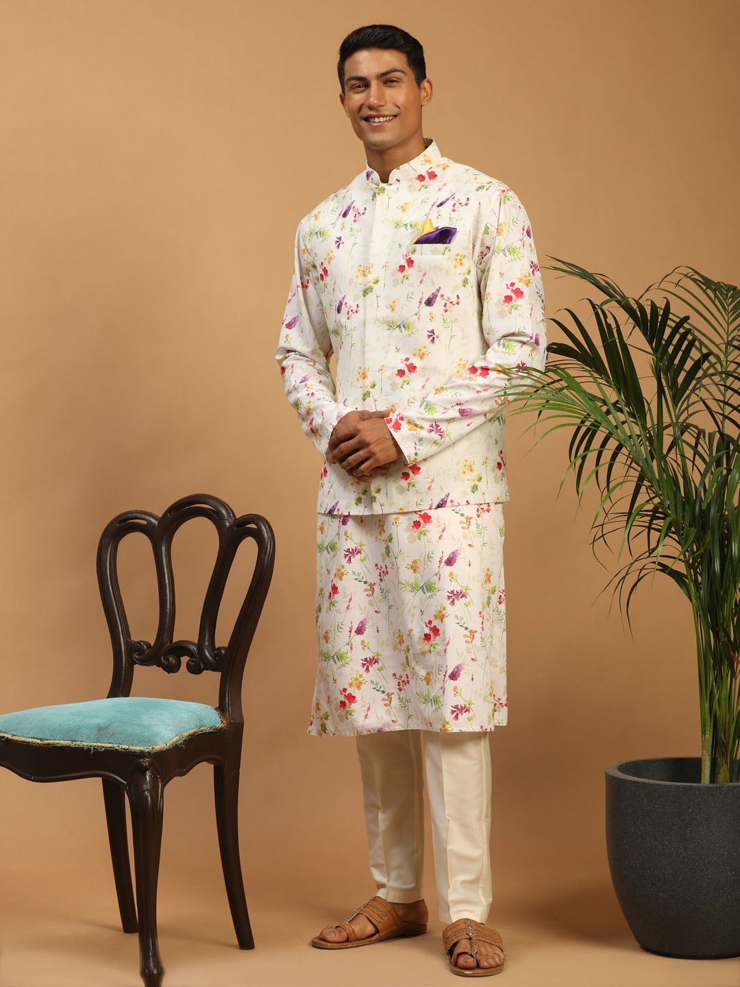 Men's Cream Cotton Blend Jacket, Kurta and Pyjama Set