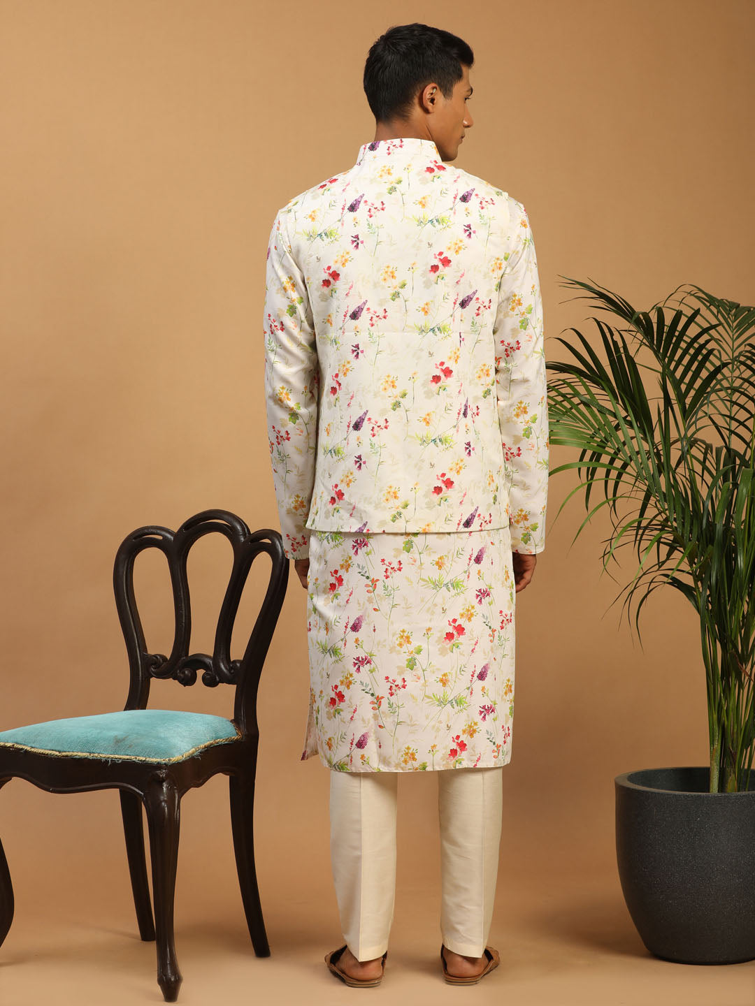 Men's Cream Cotton Blend Jacket, Kurta and Pyjama Set