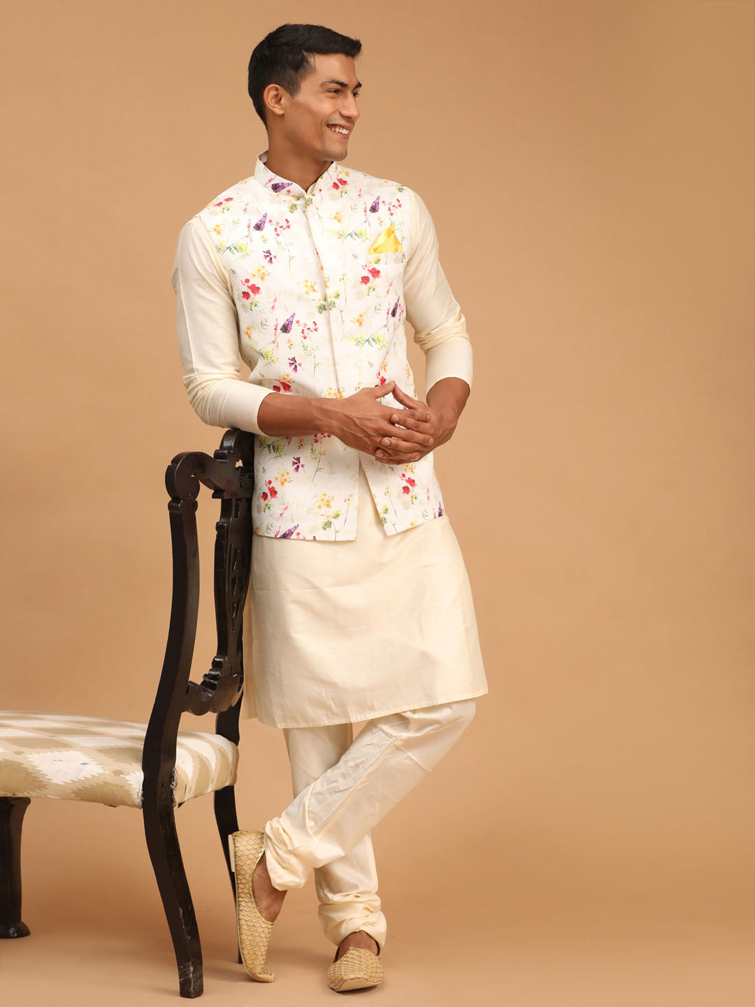 Men's Cream Viscose Jacket, Kurta and Pyjama Set