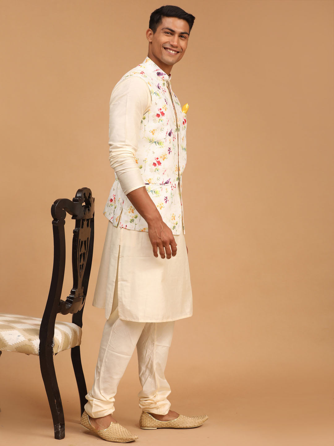 Men's Cream Viscose Jacket, Kurta and Pyjama Set