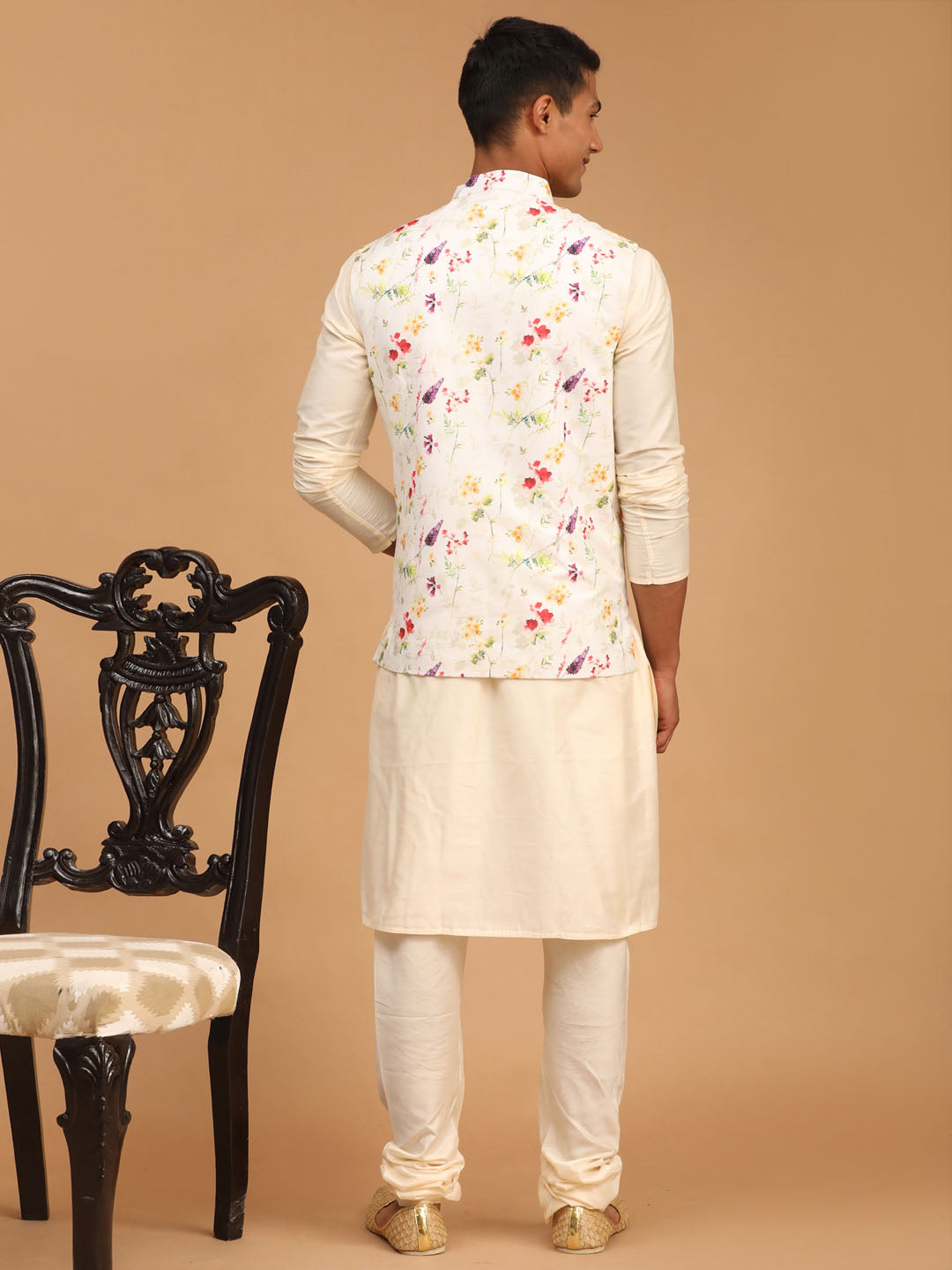 Men's Cream Viscose Jacket, Kurta and Pyjama Set